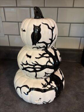 White and Black Ceramic Stacked Pumpkin Sculpture - Decorative Home Art